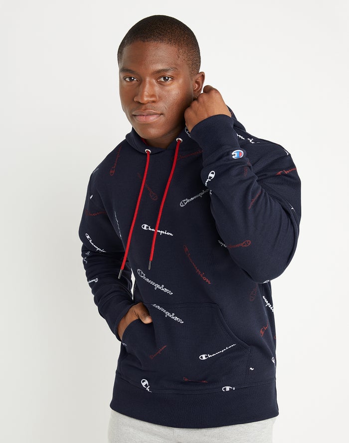 Champion Mens Hoodie NZ - Powerblend All Over Logo Navy ( 8957-UHQCM )